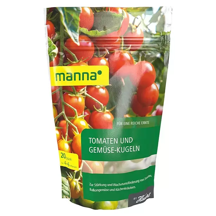 Manna Tomatendünger Kugeln - 25 Stk. - Manna Tomaten- & Gemüsekugeln im Standbeutel. Fördert das Wachstum von Tomaten, Balkongemüse & Kräutern. 20 Stück.