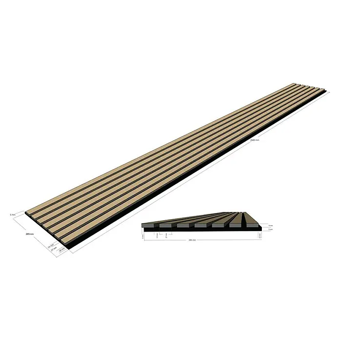 FibroTech Akustikpaneel Quanti - Light Oak, 2.440 x 520 x 18 mm - Darstellung einer Akustikplatte mit Holzlatten auf einer schwarzen Filzplatte, die eine effektive Schallabsorption bietet und für Wand- oder Deckenverkleidungen geeignet ist.