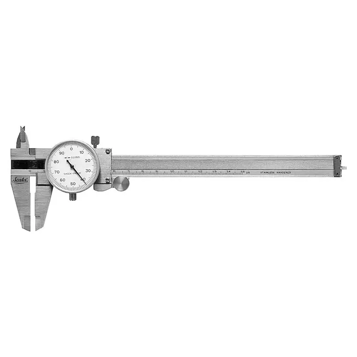 Scala Uhr-Messschieber - Messbereich: 15 cm - Silber-grauer Messschieber aus Edelstahl mit Messuhr, ein Präzisionsmessgerät mit metrischen und imperialen Skalen und der Marke "Scala".