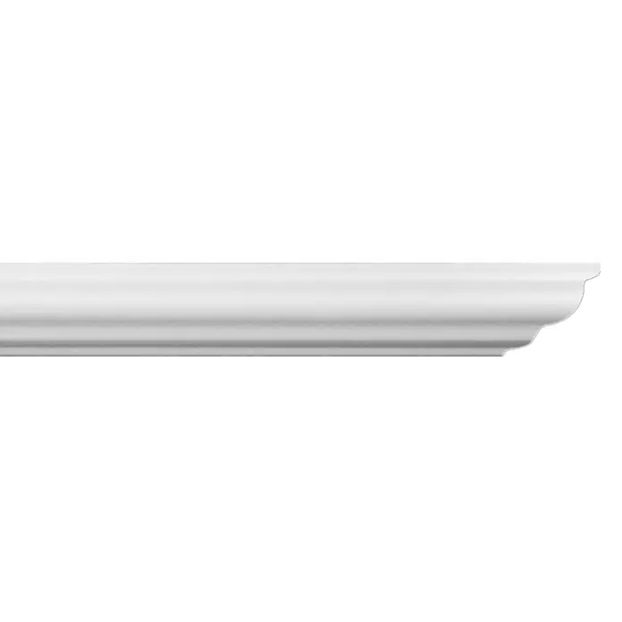 Zierprofil Modern E 36 - 2 m x 40 mm x 40 mm, XPS-Hartschaumplatten - Nahaufnahme einer eleganten, weißen Zierleiste mit geschwungenem Profil, ideal für stilvolle Raumgestaltung und architektonische Akzente.