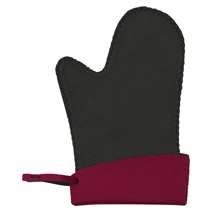 Manopla de neopreno - Goma, Negro/Burdeus, Negro/Gris, Negro/Beige - Un guante de cocina con palma negra y manga burdeos y lazo para colgar, sobre un fondo negro.