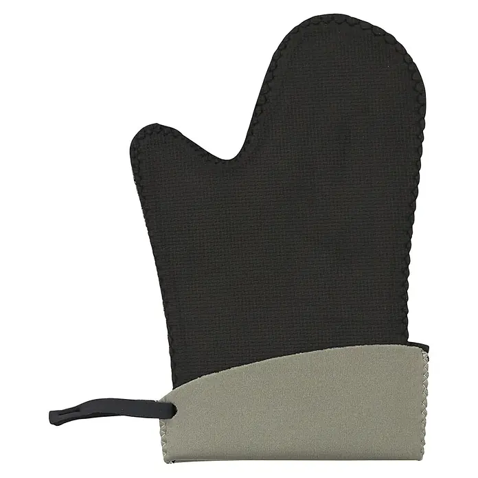 Manopla de neopreno - Goma, Negro/Burdeus, Negro/Gris, Negro/Beige - Primer plano de un guante de cocina con material texturizado y resistente al calor, con un práctico lazo para colgar.