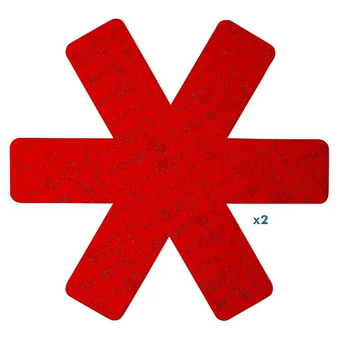 Protector de fieltro para sartenes - Diámetro: 38 cm, Gris/Rojo/Negro - Almohadilla decorativa roja en forma de estrella con delicados bocetos de utensilios de cocina y dos accesorios azules.