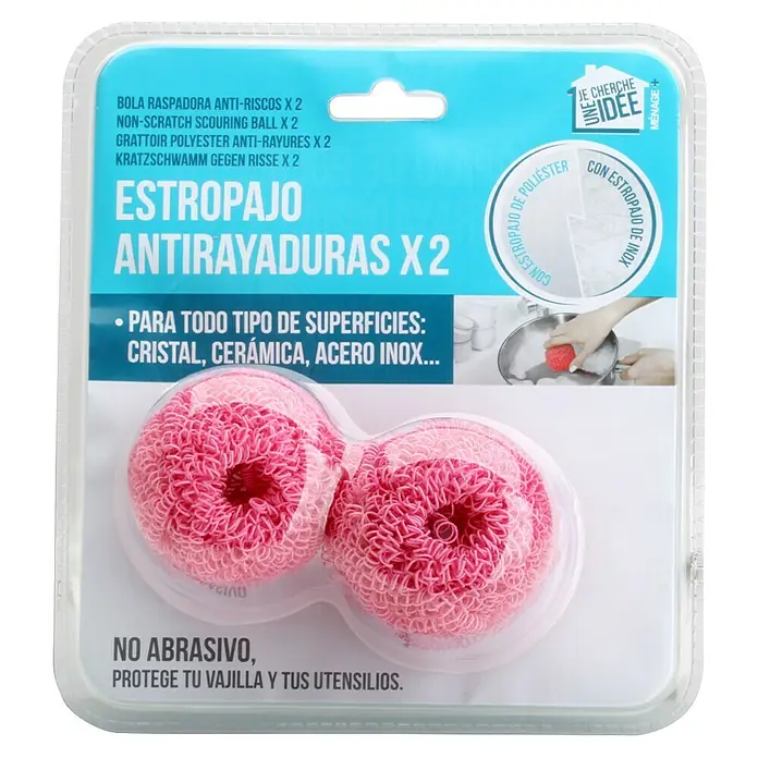 Estropajo antirrayadura - Plástico, 2 ud., Azul/Verde/Lila/Rosa - Pack de dos estropajos rosas anti-rayaduras de poliéster, suave con superficies como cristal, cerámica y acero inoxidable.