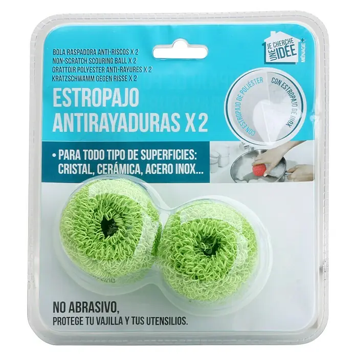 Estropajo antirrayadura - Plástico, 2 ud., Azul/Verde/Lila/Rosa - Imagen de un paquete de dos estropajos anti-rayaduras, aptos para vidrio, cerámica y acero inoxidable, no abrasivos.