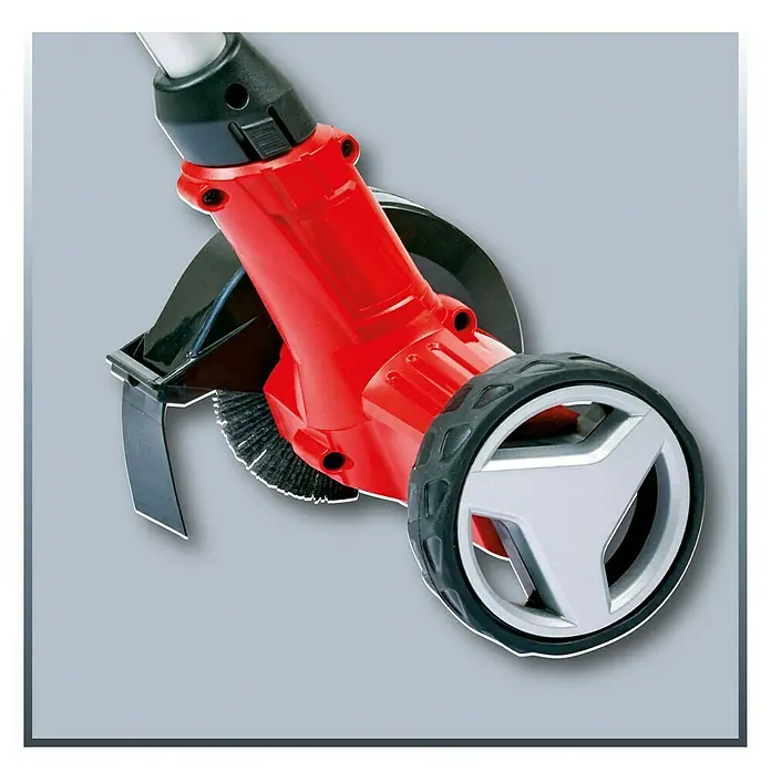 Einhell Power X-Change 18V Akku-Fugenreiniger GC-CC 18 Li-Solo - 18 V, Ohne Akku - Nahaufnahme eines roten, elektrischen Kantenschneiders mit schwarzem Schutzblech und Rad, ideal für präzise Gartenarbeit.