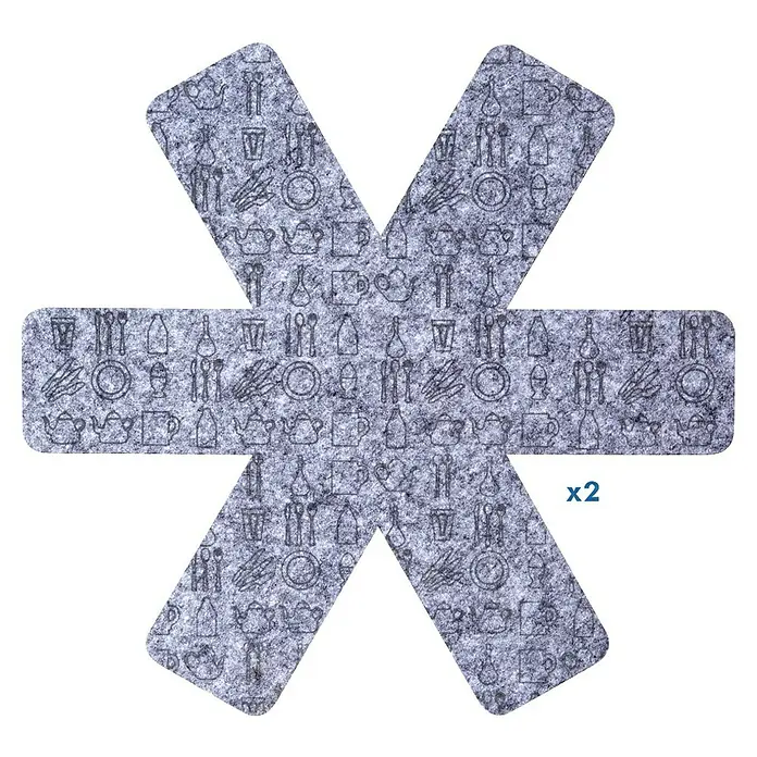 Protector de fieltro para sartenes - Diámetro: 38 cm, Gris/Rojo/Negro - Un salvamanteles gris en forma de estrella con motivos de cocina, ideal para proteger superficies del calor.