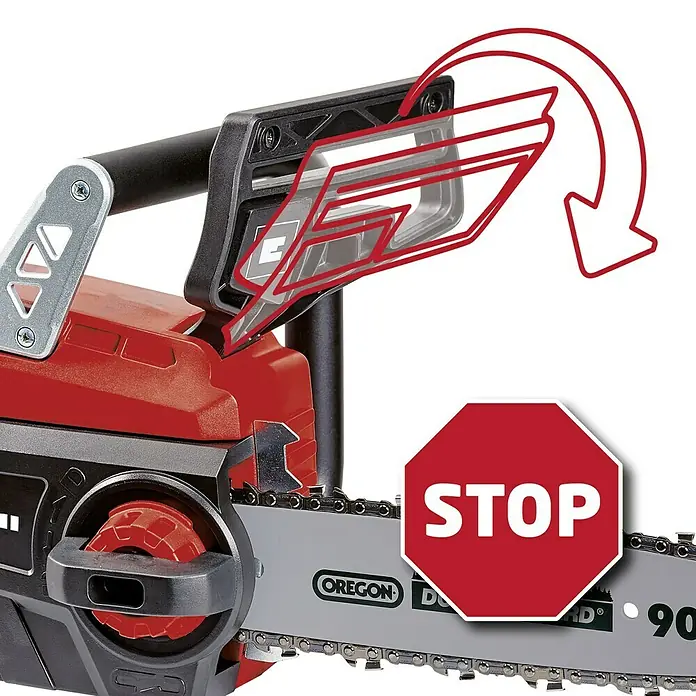 Einhell PXC 18V Motosierra de batería GE-LC 18 Li-Solo - 18 V, Sin batería, Longitud de la cuchilla: 25 cm - Motosierra inalámbrica: características de seguridad e instrucciones para un trabajo seguro. La motosierra tiene una barra protectora para las manos.