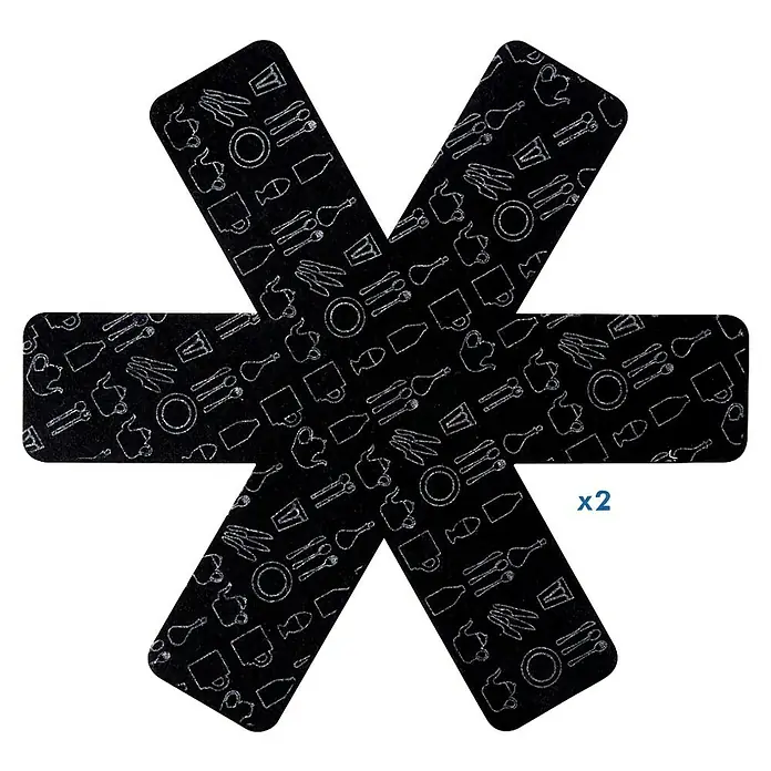 Protector de fieltro para sartenes - Diámetro: 38 cm, Gris/Rojo/Negro - Salvamanteles negro en forma de cruz con motivos de cocina blancos, ideal para ollas y sartenes calientes. Protege las superficies.