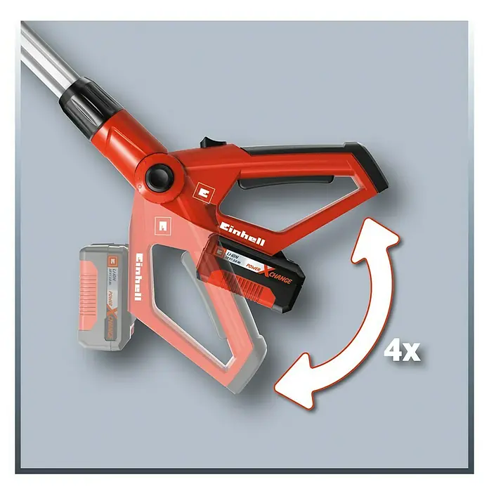 Einhell PXC 18V Podadora telescópica de batería GE-LC 18 Li T-Solo - 18 V, Iones de litio, Sin batería, Longitud de corte: 17 cm - Imagen de una podadora de jardín inalámbrica Einhell que destaca la flexibilidad del cambio de batería con una batería Power X-Change de 18 V.