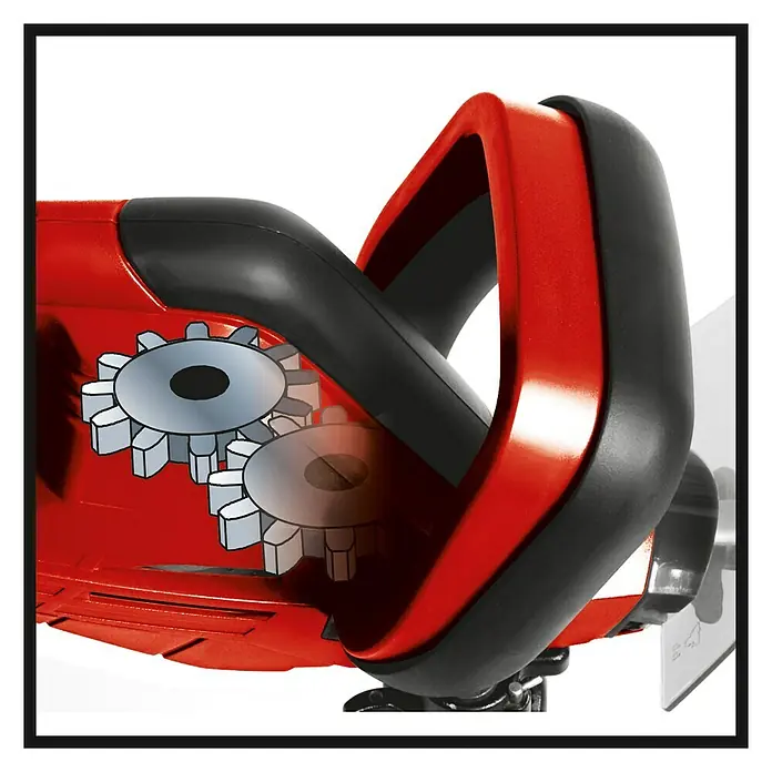 Einhell Power X-Change 18V Akku-Heckenschere GC-CH 1846 Li-Solo - 18 V, Ohne Akku, Schnittlänge: 46 cm - Detailaufnahme einer roten Heckenschere mit schwarzen Griffen und hervorgehobenen Zahnrädern im Getriebe.