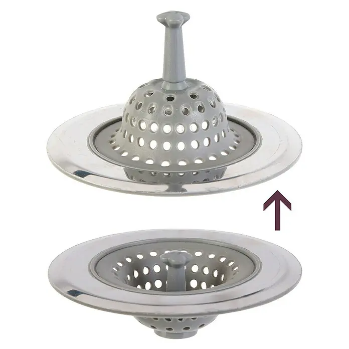 Cestilla para válvula de fregadero - Diámetro: 6 cm, Silicona - La imagen muestra un tapón de fregadero o bañera de dos piezas con un colador en gris y plata, cuya mitad superior es extraíble.