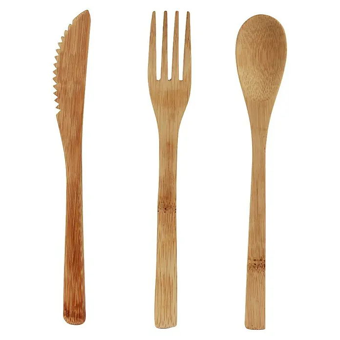 Cubertería completa de bambú - Bambú, 3 pzs. - Cubiertos de bambú: cuchillo, tenedor y cuchara elaborados con bambú sostenible, perfectos para comidas y picnics ecológicos.