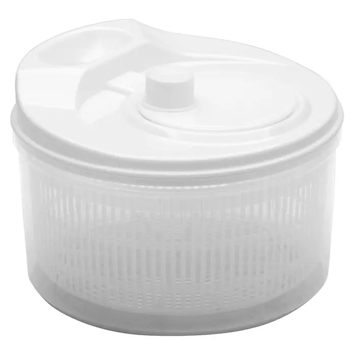 Centrifugadora de ensalada - Plástico, Blanco - Imagen de una centrifugadora de ensalada. La centrifugadora de ensalada es de plástico y tiene una tapa con un mecanismo de giro para centrifugar la ensalada.