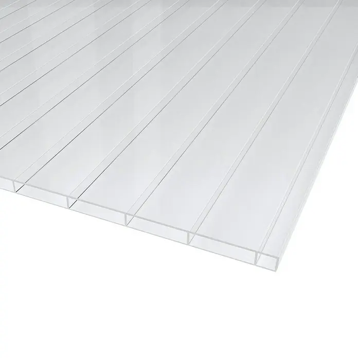 PLEXIGLAS® Acrylglas-Stegplatte Resist AAA SDP 16-64 - 2.000 x 980 x 16 mm, Acrylglas (PMMA), Transparent - Nahaufnahme einer transparenten Polycarbonat-Stegplatte, die für ihre Festigkeit und Isolierungseigenschaften bekannt ist. Ideal für Überdachungen und Gewächshäuser.