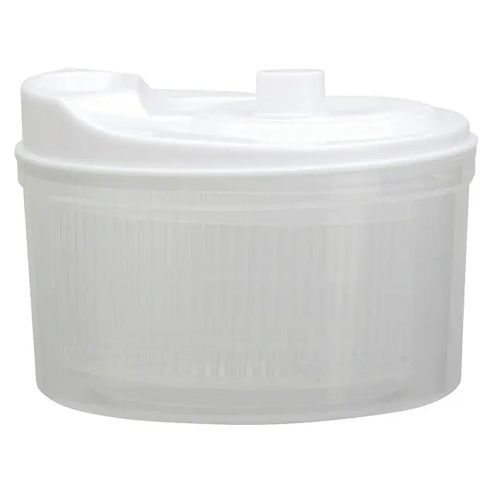 Centrifugadora de ensalada - Plástico, Blanco - La imagen muestra un centrifugador de ensalada de plástico transparente con tapa blanca sobre un fondo negro, ideal para lavar y secar la lechuga.