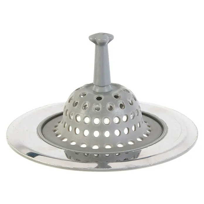 Cestilla para válvula de fregadero - Diámetro: 6 cm, Silicona - Tapón de fregadero gris con agujeros y base plateada. El tapón de fregadero es una ayuda práctica para la cocina.