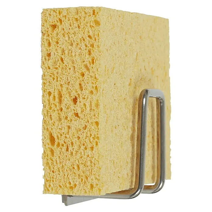Soporte de esponja - Acero inoxidable, 1 ud. - Una esponja natural amarilla en un soporte. Ideal para la cocina o el baño para limpiar y secar superficies.