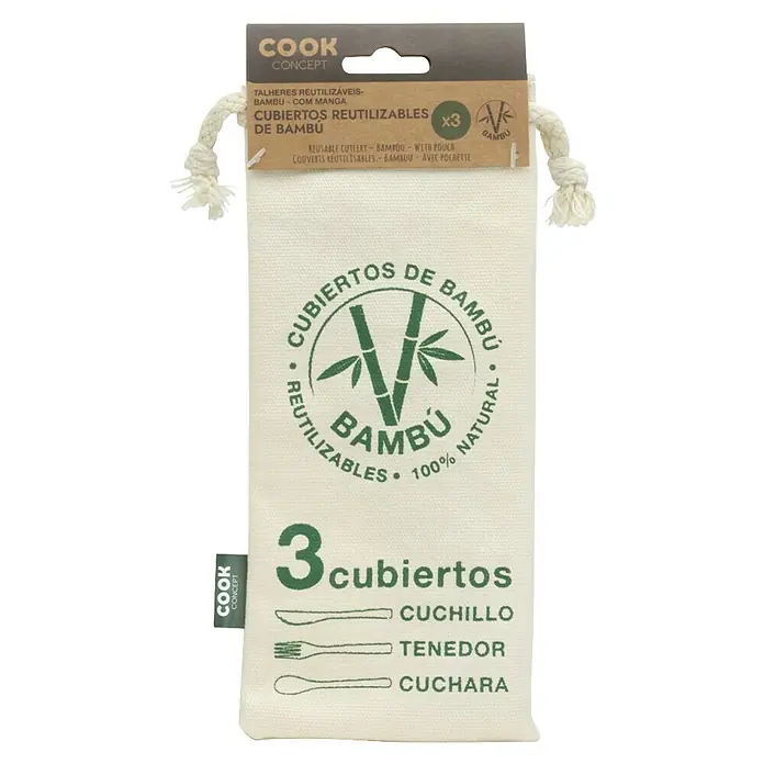 Cubertería completa de bambú - Bambú, 3 pzs. - Juego de cubiertos de bambú reutilizables de Cook Concept, perfecto para llevar. Incluye cuchillo, tenedor y cuchara en una práctica bolsa de tela.