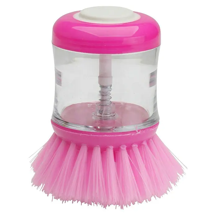 Cepillo para fregar con depósito - Ø x Al: 5,5 x 9 cm - Cepillo para platos rosa con dispensador de jabón. Ideal para limpiar platos y utensilios de cocina, con recipiente práctico.
