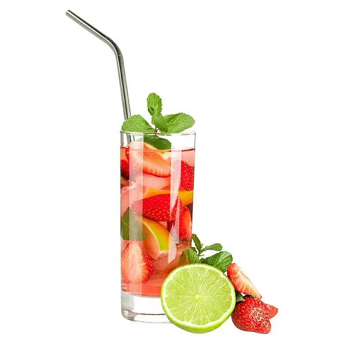 Pajita reutilizable - 4 ud., Cromo, Acero inoxidable - Refrescante bebida con fresas, limas y menta en un vaso con una pajita reutilizable. ¡Perfecto para un día caluroso!