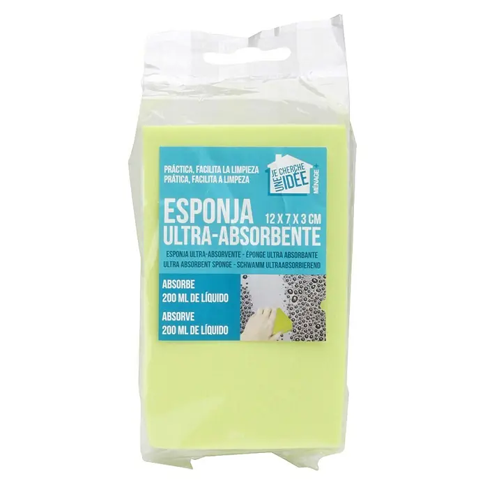 Esponja super absorbente - 3 x 7,5 x 12 cm - En la imagen, una esponja amarilla ultra absorbente en un paquete. El envase indica el tamaño y la capacidad de absorción de líquidos.