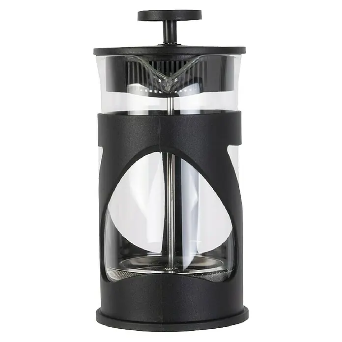 Cafetera de émbolo - 600 ml, 5 tazas - Primer plano de una cafetera francesa con cuerpo de vidrio y estructura negra, ideal para preparar café aromático.