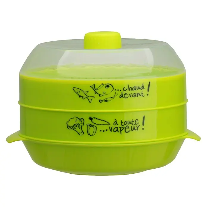 Cocedor a vapor  para microondas - Plástico, Verde - Una vaporera verde claro con tapa transparente y botón amarillo, ideal para cocinar verduras y pescado de manera suave.