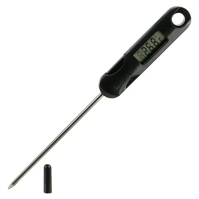 Termómetro de cocina digital - Ø x Al: 2 x 18 cm - Termómetro digital negro para carne con una sonda larga y tapa protectora para una medición precisa de la temperatura interna al cocinar.