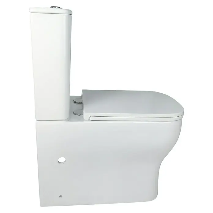 Camargue Pack de WC Lisboa - Sin borde de descarga, Salida WC: Horizontal, Blanco - Imagen de un inodoro blanco con cisterna, sobre un fondo negro. Tiene un diseño limpio y moderno.