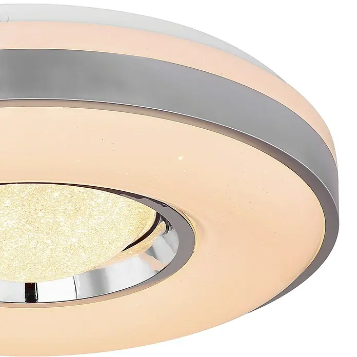Lavida Plafón LED redondo - 24 W, Ø x Al: 410 mm x 10 cm, Blanco, Blanco cálido - Detalle de una lámpara de techo LED moderna con detalles cromados y luz blanca cálida, creando un ambiente elegante.