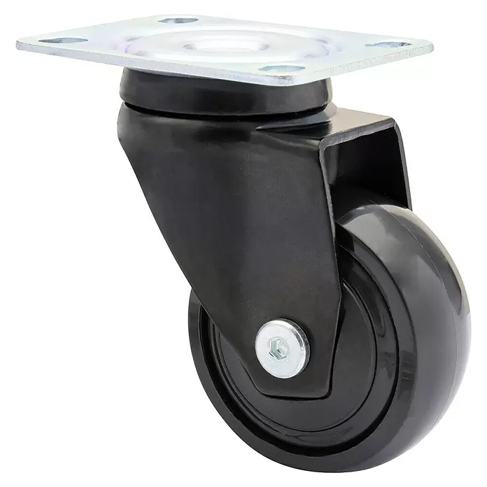 Wagner System Design-Lenkrolle - Traglast: 50 kg, Kugellager, Mit Platte, Durchmesser Rolle: 50 mm, Farbe Gehäuse: Schwarz - Schwarzes Möbelrollenrad mit silberner Montageplatte.