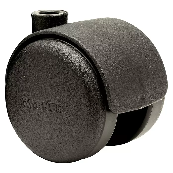 Stabilit Rueda doble - Diámetro ruedas: 50 mm, Capacidad de carga: 30 kg, Casquillo liso, Con agujero pasante, Diámetro agujero posterior: 8 mm - Rueda giratoria de plástico negro con vástago para muebles.
