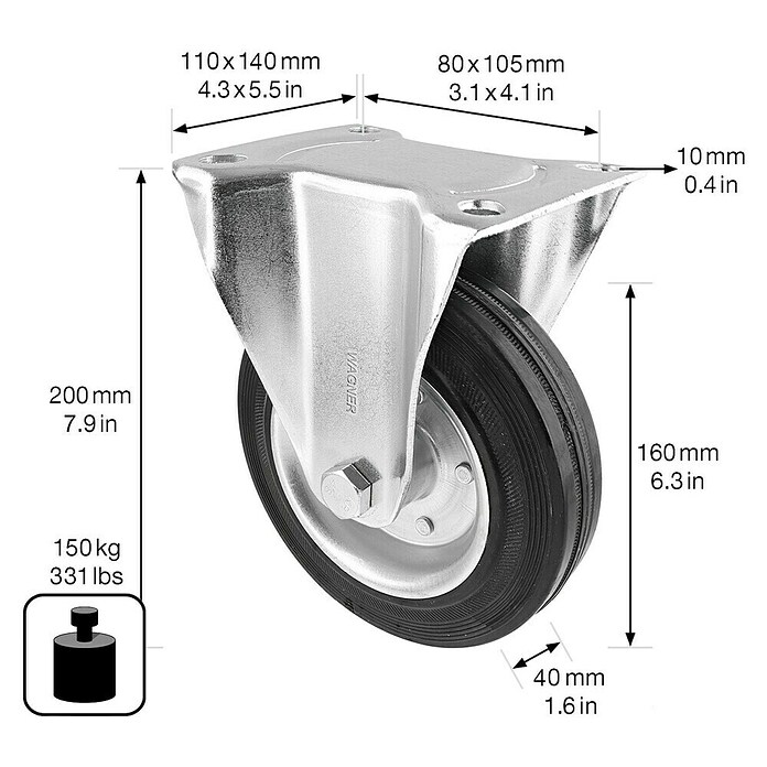 Stabilit Transportgeräte-Bockrolle (Durchmesser Rollen: 160 mm, Traglast: 150 kg, Rollenlager, Höhe: 195 mm)