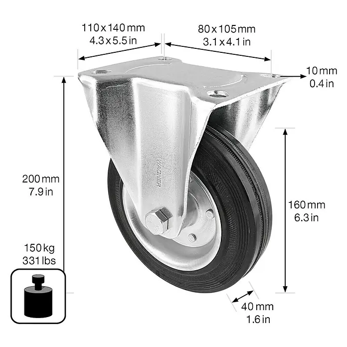 Stabilit Transportgeräte-Bockrolle - Durchmesser Rollen: 160 mm, Traglast: 150 kg, Rollenlager, Höhe: 195 mm - Detaillierte Ansicht einer Lenkrolle mit Maßen und Traglastangabe.