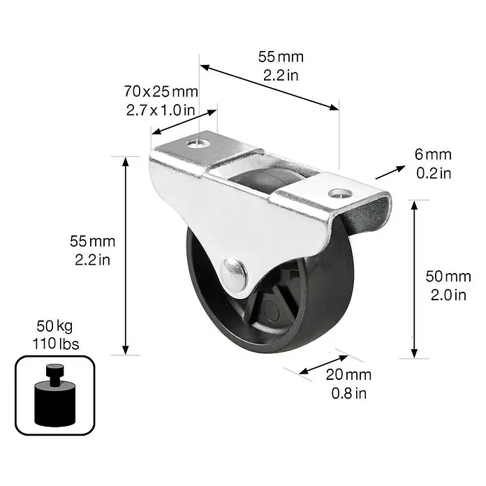 Stabilit Möbel-Bockrolle - Durchmesser Rollen: 45 mm, Traglast: 50 kg, Gleitlager, Höhe: 48 mm - Eine Nahaufnahme eines Rollers mit Maßangaben, der 50 kg/110 lbs tragen kann.
