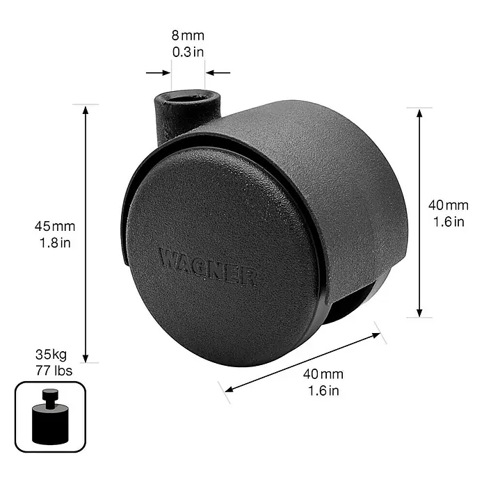 Stabilit Doppelrolle - Durchmesser Rollen: 40 mm, Traglast: 20 kg, Gleitlager, Mit Rückenloch, Durchmesser Rückenloch: 8 mm - Abbildung eines schwarzen Möbelrollers der Marke Wagner mit Maßangaben.