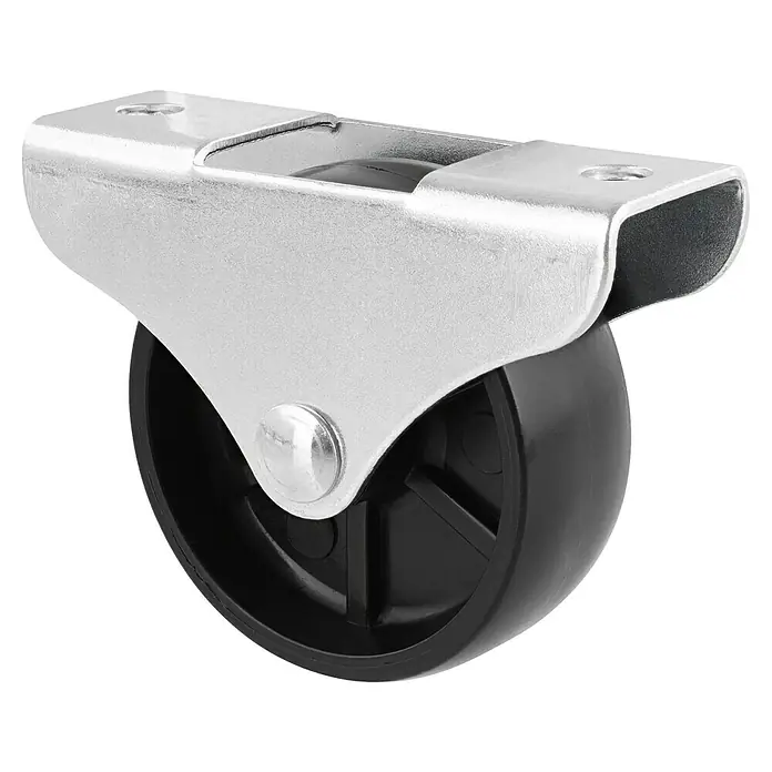 Stabilit Möbel-Bockrolle - Durchmesser Rollen: 45 mm, Traglast: 50 kg, Gleitlager, Höhe: 48 mm - Nahaufnahme eines schwarzen Rollenrades mit einer silberfarbenen Halterung, ideal für Möbel. Robuste Bauweise für vielseitige Anwendungen.
