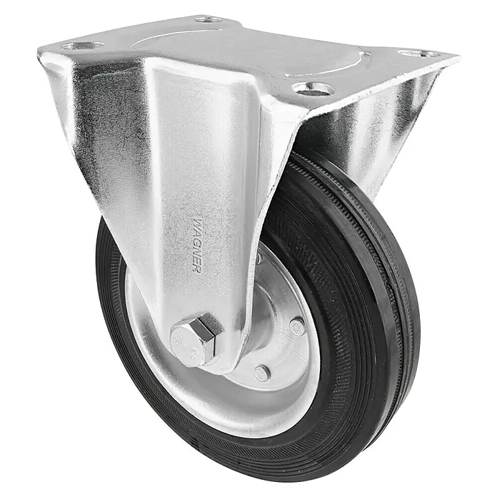 Stabilit Transportgeräte-Bockrolle - Durchmesser Rollen: 160 mm, Traglast: 150 kg, Rollenlager, Höhe: 195 mm - Eine Nahaufnahme eines robusten Lenkrollers mit Metallgehäuse und schwarzem Rad. Ideal für industrielle Anwendungen und schwere Lasten.