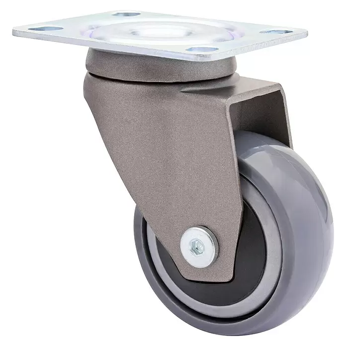 Wagner System Design-Lenkrolle - Traglast: 50 kg, Kugellager, Mit Platte, Durchmesser Rolle: 50 mm, Taupe - Ein graues Lenkrollenrad aus Metall mit silberner Montageplatte und grauem/schwarzem Kunststoffrad.