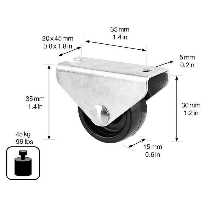 Stabilit Möbel-Bockrolle (Durchmesser Rollen: 30 mm, Traglast: 45 kg, Gleitlager, Höhe: 35 mm)
