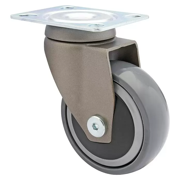 Wagner System Design-Lenkrolle - Traglast: 75 kg, Kugellager, Mit Platte, Durchmesser Rolle: 75 mm, Taupe - Graues Lenkrollrad mit Metallmontageplatte, geeignet für Möbel und Geräte.