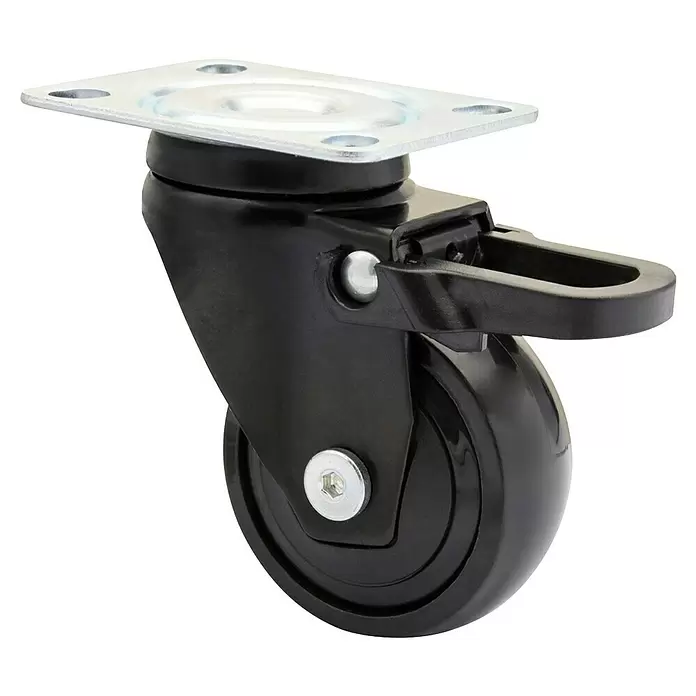 Wagner System Design-Lenkrolle - Traglast: 50 kg, Kugellager, Mit Platte und Feststeller, Durchmesser Rolle: 50 mm, Schwarz - Schwarzes Lenkrollenrad mit silberner Montageplatte und Bremse.