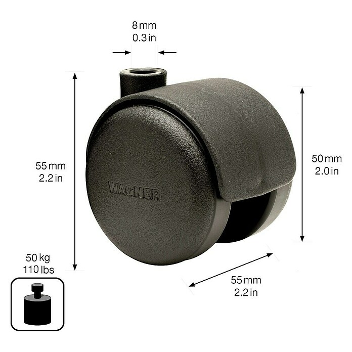 Stabilit Doppelrolle (Durchmesser Rollen: 50 mm, Traglast: 30 kg, Gleitlager, Mit Rückenloch, Durchmesser Rückenloch: 8 mm)