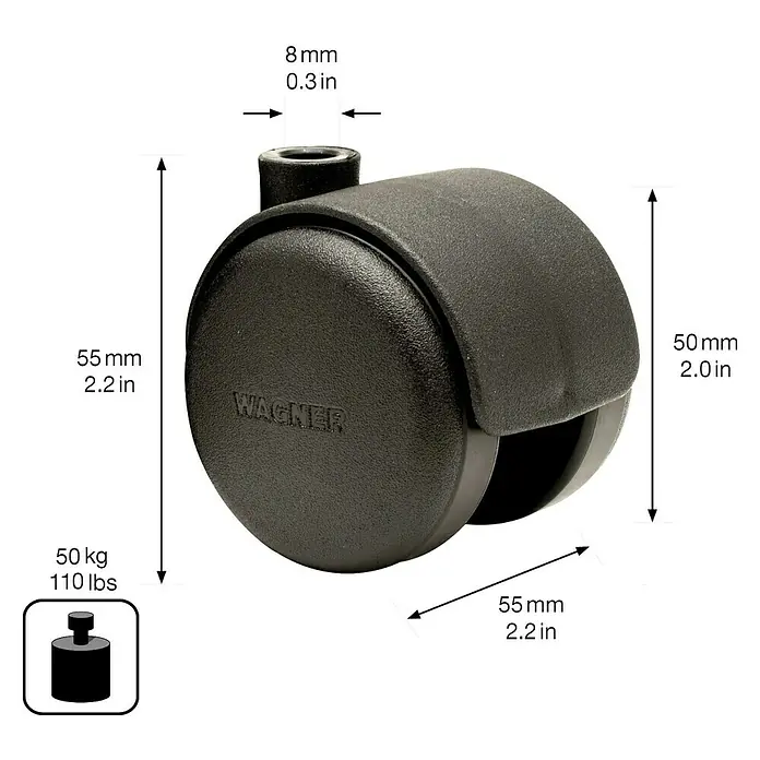 Stabilit Doppelrolle - Durchmesser Rollen: 50 mm, Traglast: 30 kg, Gleitlager, Mit Rückenloch, Durchmesser Rückenloch: 8 mm - Nahaufnahme des WAGNER-Möbelrollers mit Maßangaben. Er ist schwarz und trägt bis zu 50 kg.