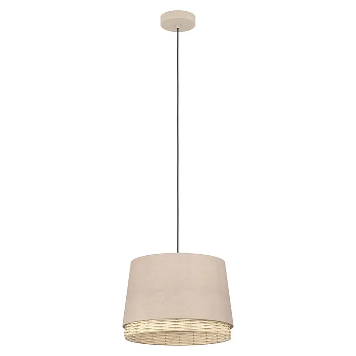 Pendelleuchte rund Boho mit Leinenschirm - 40 W, Ø x H: 38 x 110 cm, Beige/Natur, Schwarz, E27 - Elegante Hängeleuchte mit einem Lampenschirm aus Stoff und Rattangeflecht, ideal für eine gemütliche Atmosphäre im Raum.