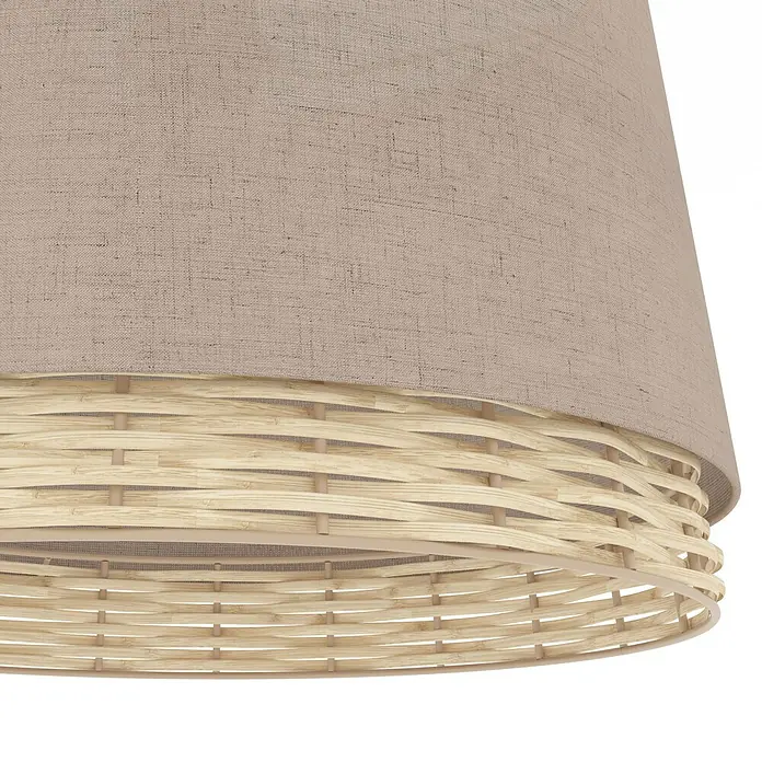 Pendelleuchte rund Boho mit Leinenschirm - 40 W, Ø x H: 38 x 110 cm, Beige/Natur, Schwarz, E27 - Nahaufnahme einer dekorativen Pendelleuchte mit Stoffschirm und gewebtem Lampenschirm, die eine warme und einladende Atmosphäre verspricht.