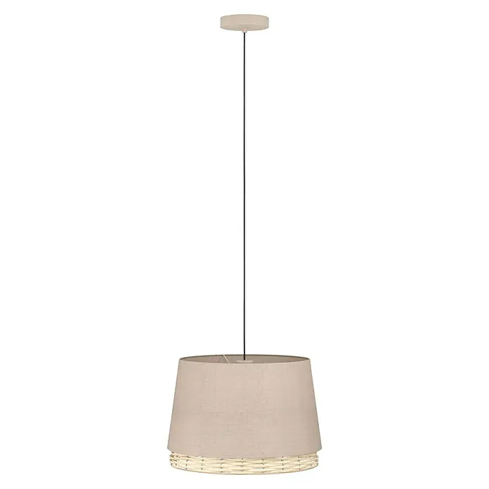 Pendelleuchte rund Boho mit Leinenschirm - 40 W, Ø x H: 38 x 110 cm, Beige/Natur, Schwarz, E27 - Elegante Hängelampe mit einem beigen Lampenschirm und einem dekorativen Rattanrand, die jedem Raum eine warme und stilvolle Note verleiht.