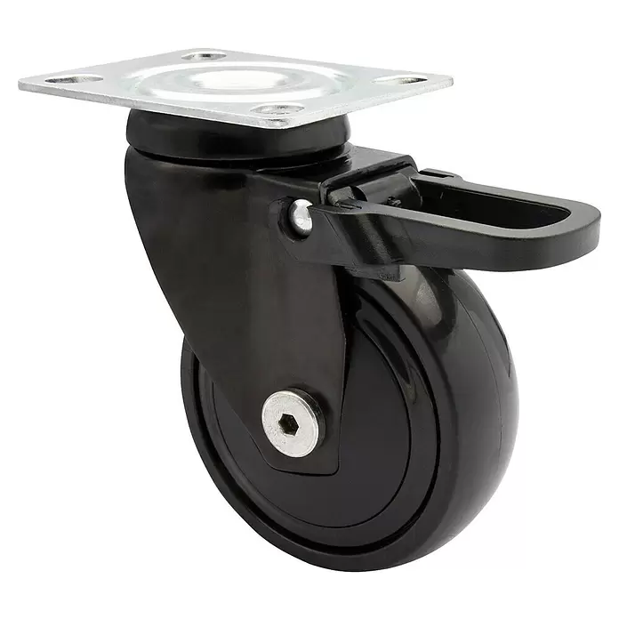 Wagner System Design-Lenkrolle - Traglast: 75 kg, Kugellager, Mit Platte und Feststeller, Durchmesser Rolle: 75 mm, Schwarz - Schwarzes Lenkrollenrad mit Bremse und silberner Montageplatte.
