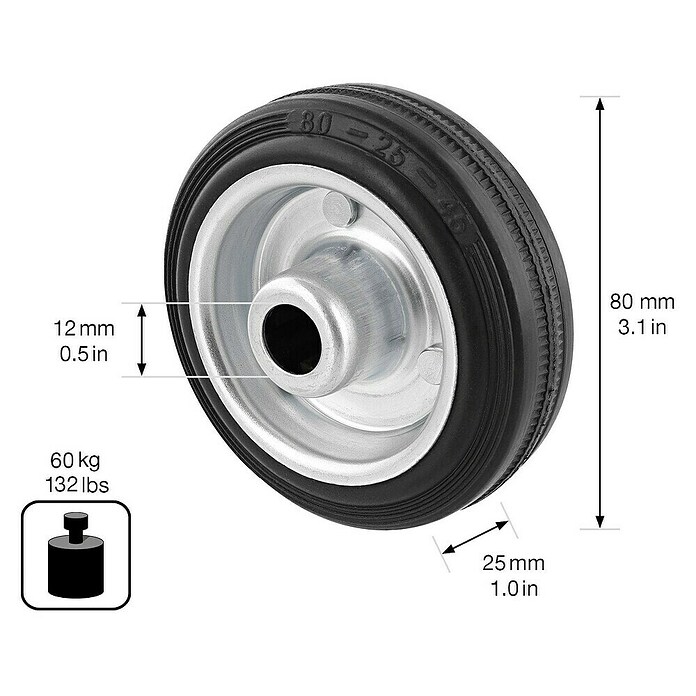 Wagner System Ersatzrad für Transportgeräterollen (Durchmesser: 80 mm, Gummi, Schwarz, 60 kg) | BAUHAUS